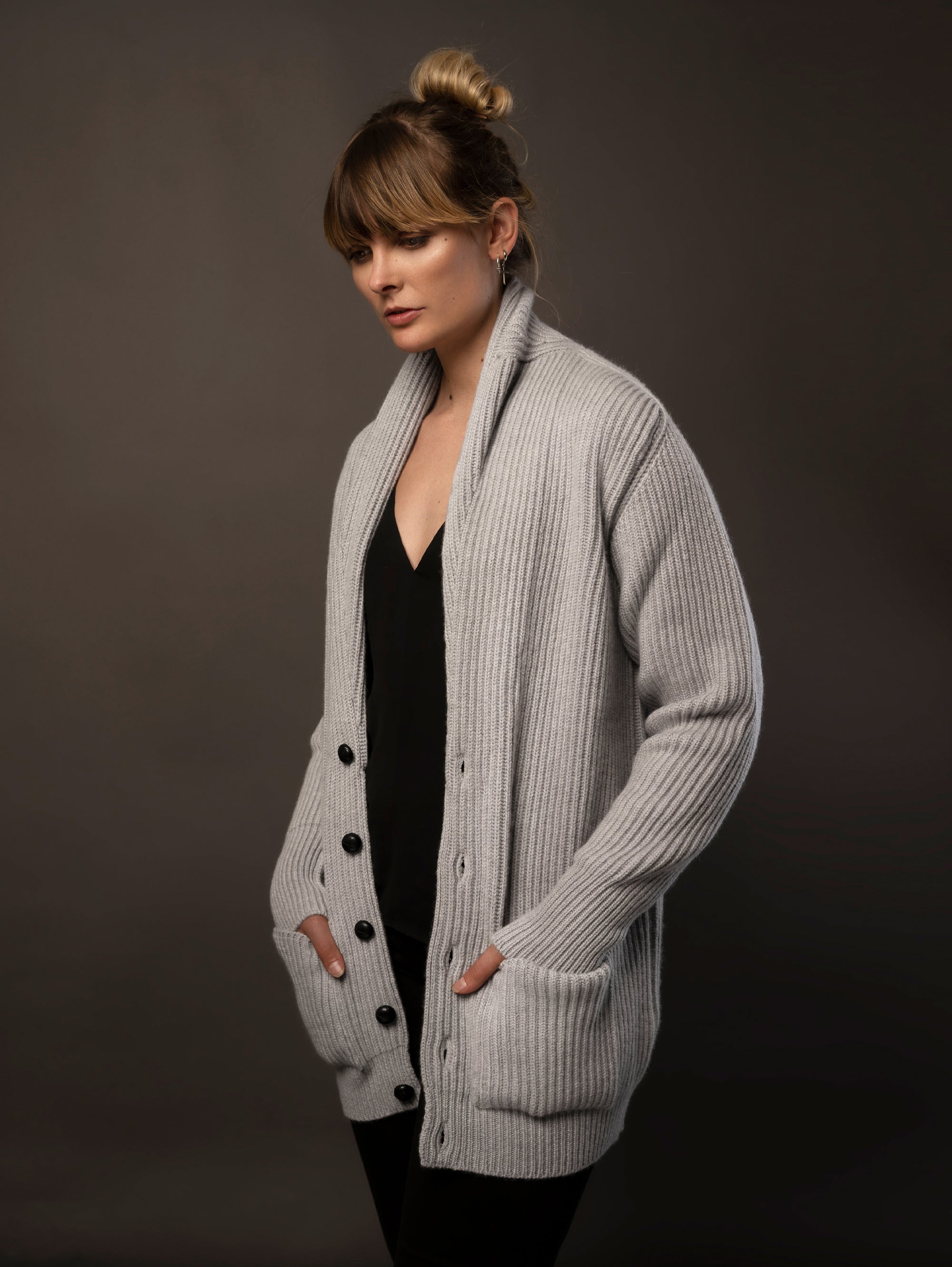 Ladies Cashmere Shawl Cardigan in Light Grey. 100% cashmere handmade under the Royal Warrant in the UK. This is Cashmere at it's finest. 
