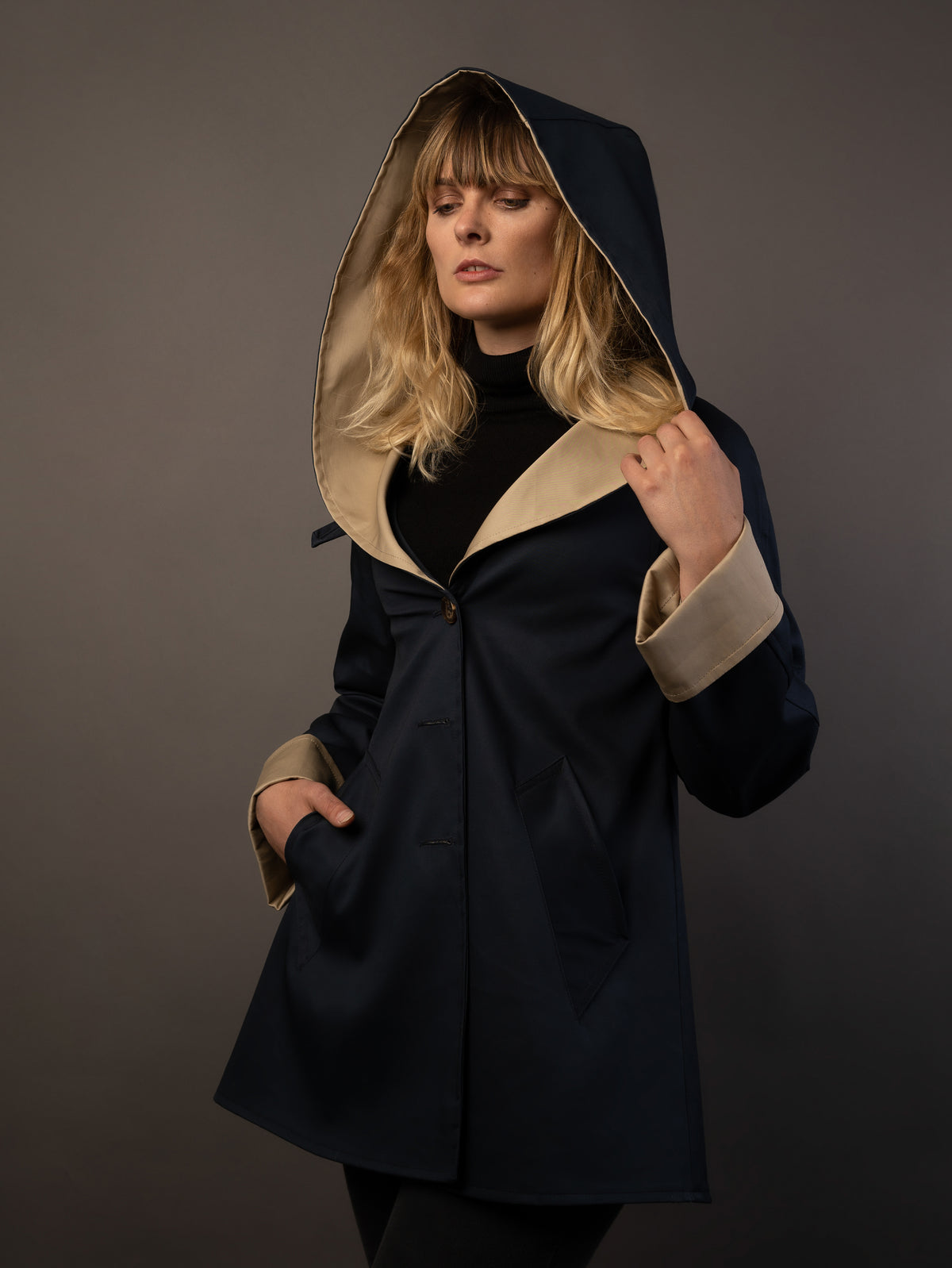 100% Waterproof Ladies Cotton Raincoat with hood. Made in the UK. 