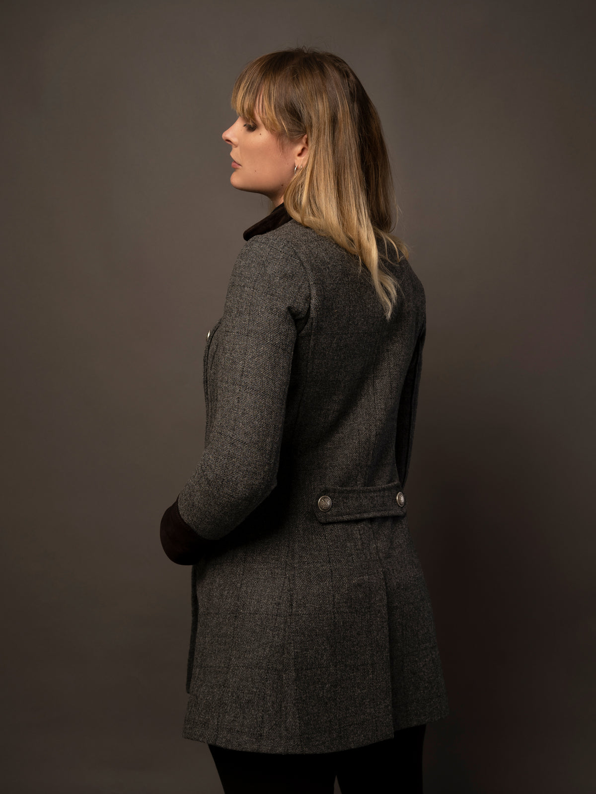 grey tweed and suede coat in a military style. made in the uk