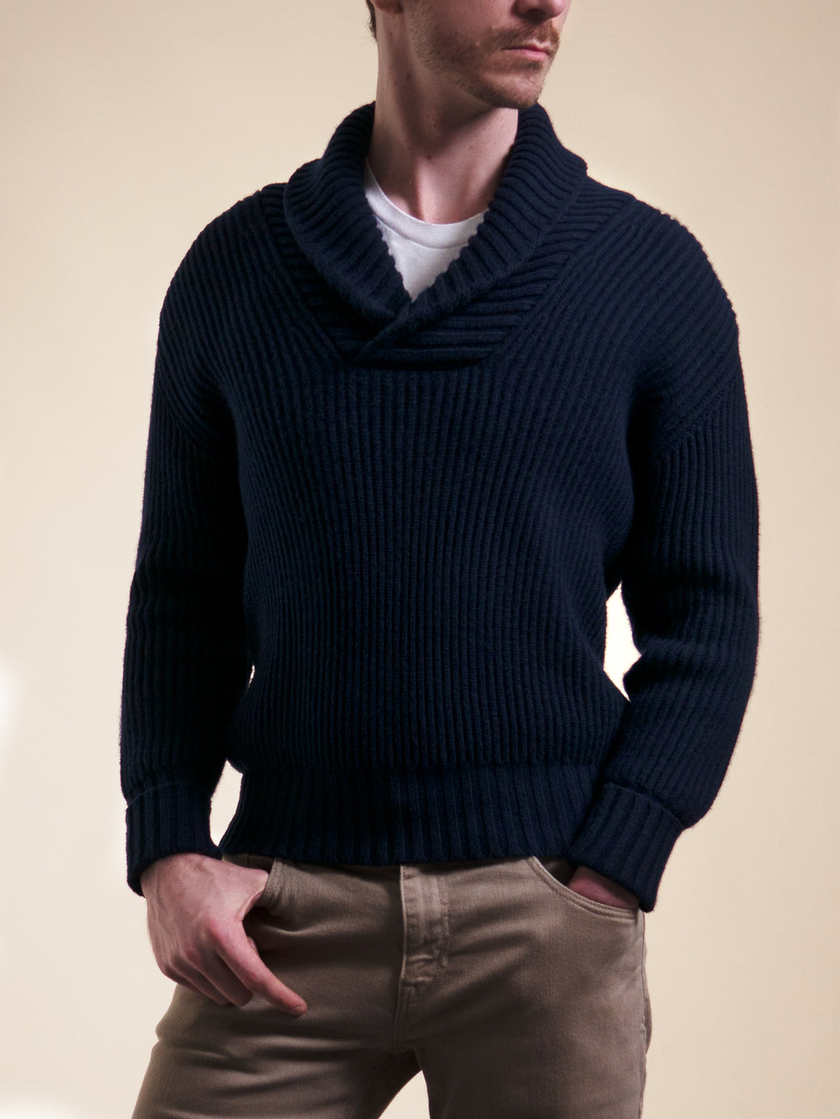 SHAWL COLLAR SWEATER&lt;br&gt;NAVY