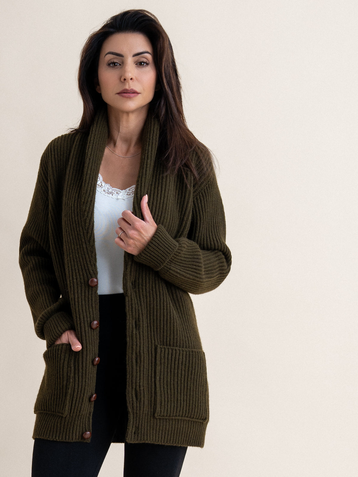 THE SHAWL NECK CARDIGAN&lt;br&gt;MILITARY