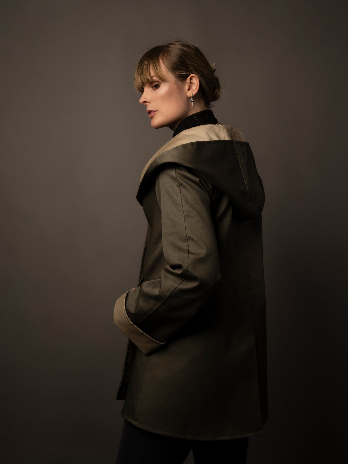 100% Waterproof Ladies Cotton Raincoat with hood in olive. Made in the UK. 