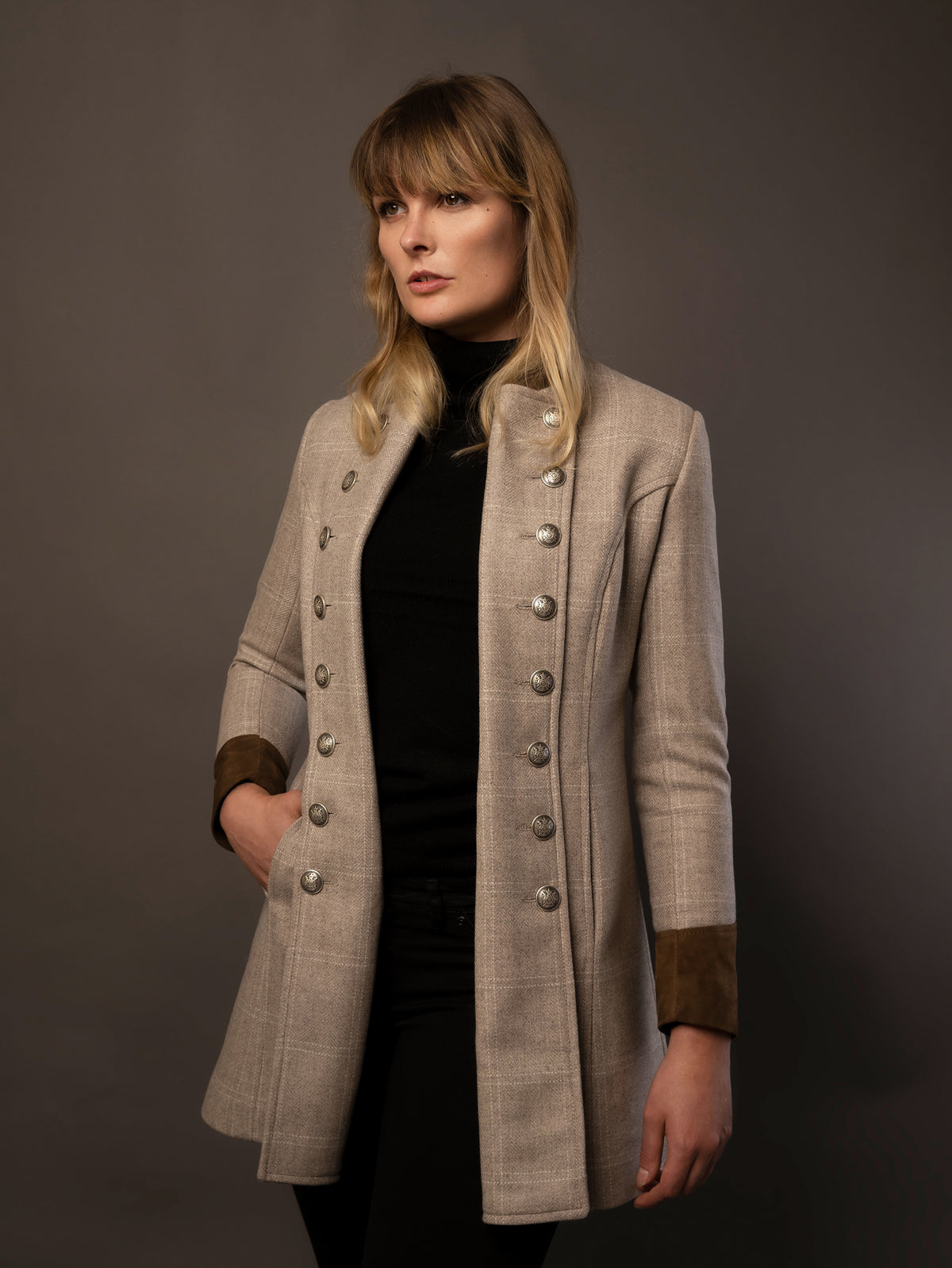 grey tweed and suede coat in a military style. made in the uk