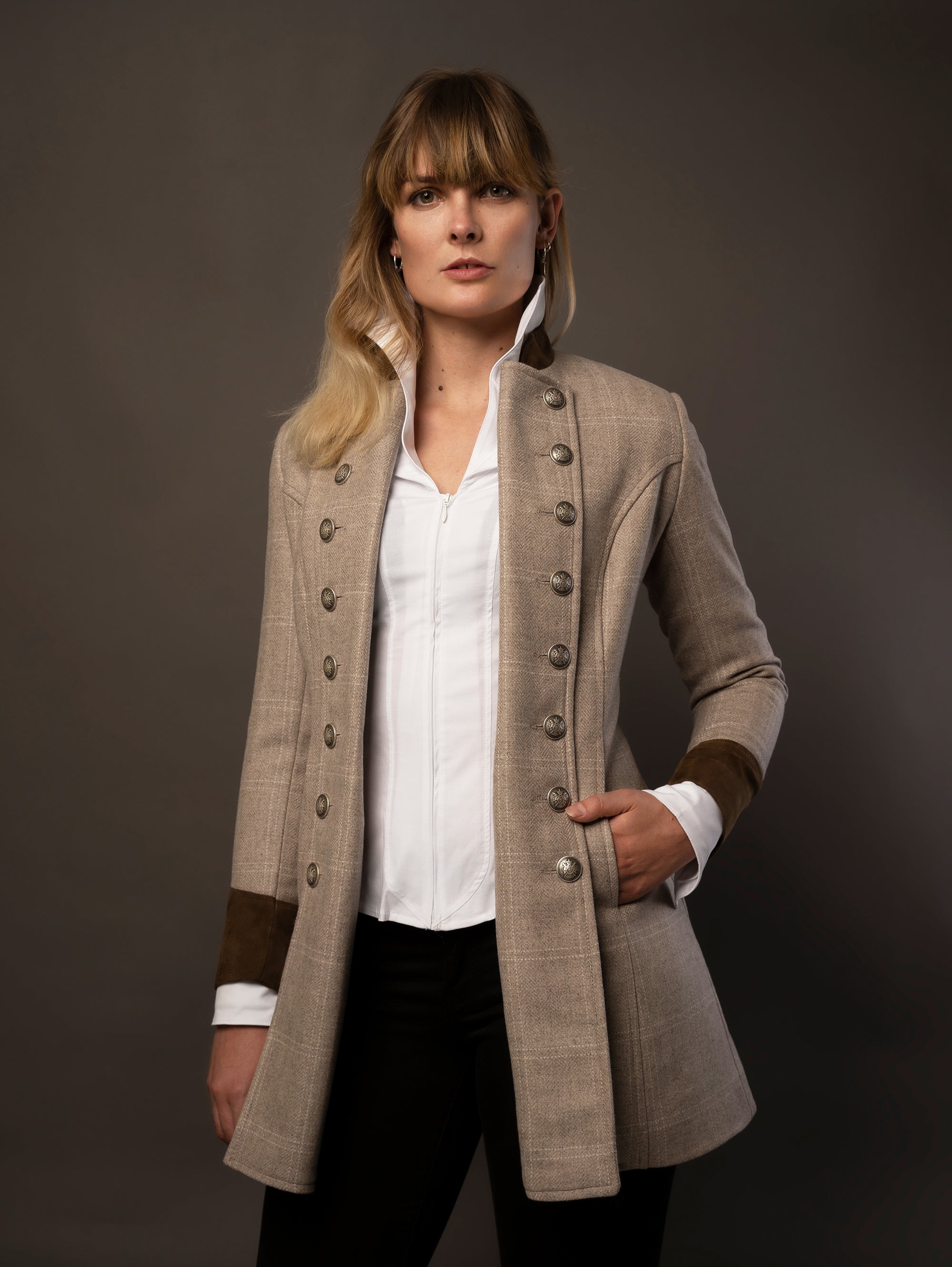 grey tweed and suede coat in a military style. made in the uk