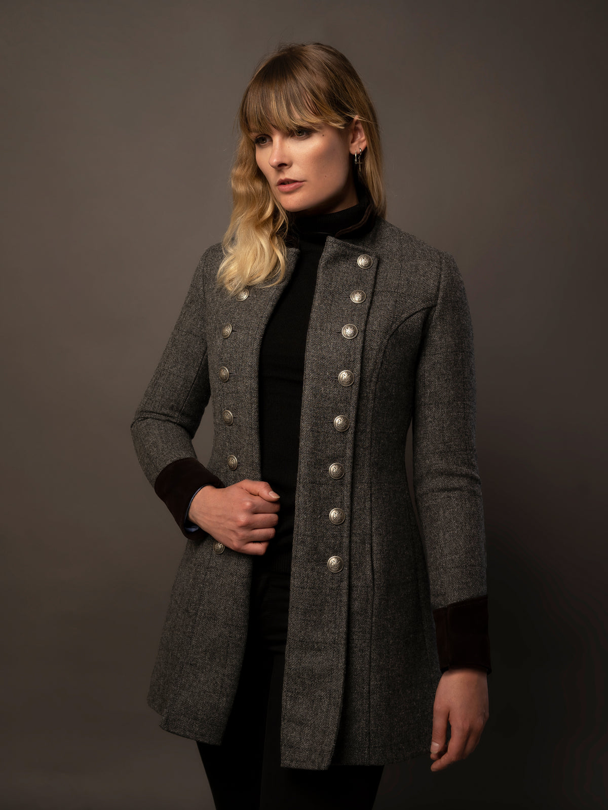 grey tweed and suede coat in a military style. made in the uk