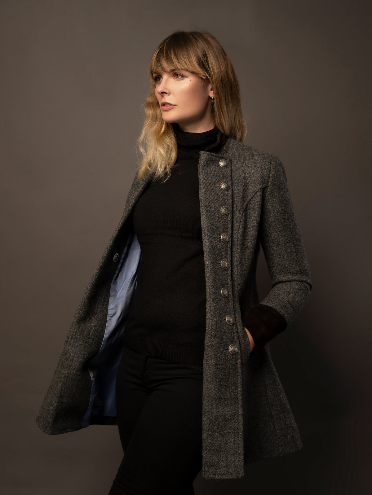 grey tweed and suede coat in a military style. made in the uk