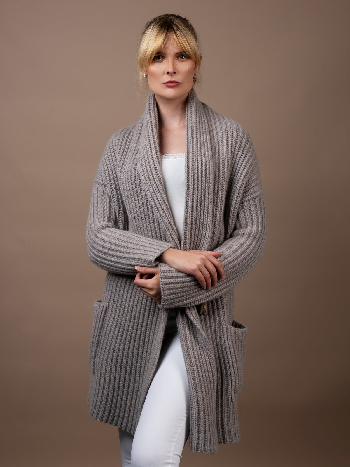 Ladies Cashmere Shawl Cardigan Wrap Jumper in mushroom. 100% cashmere handmade under the Royal Warrant in the UK. This is Cashmere at it&#39;s finest. 