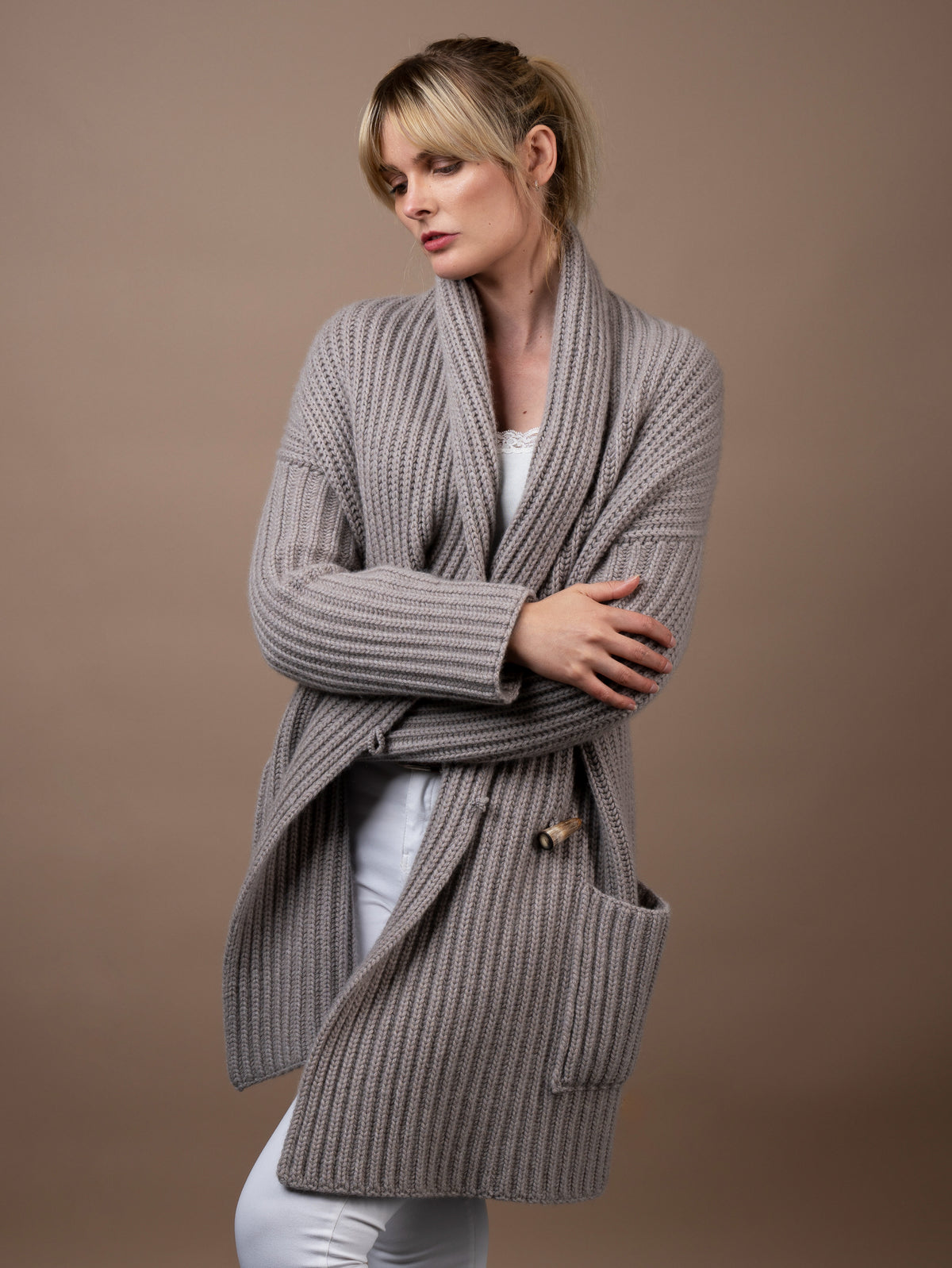 Ladies Cashmere Shawl Cardigan Wrap Jumper in mushroom. 100% cashmere handmade under the Royal Warrant in the UK. This is Cashmere at it&#39;s finest. 