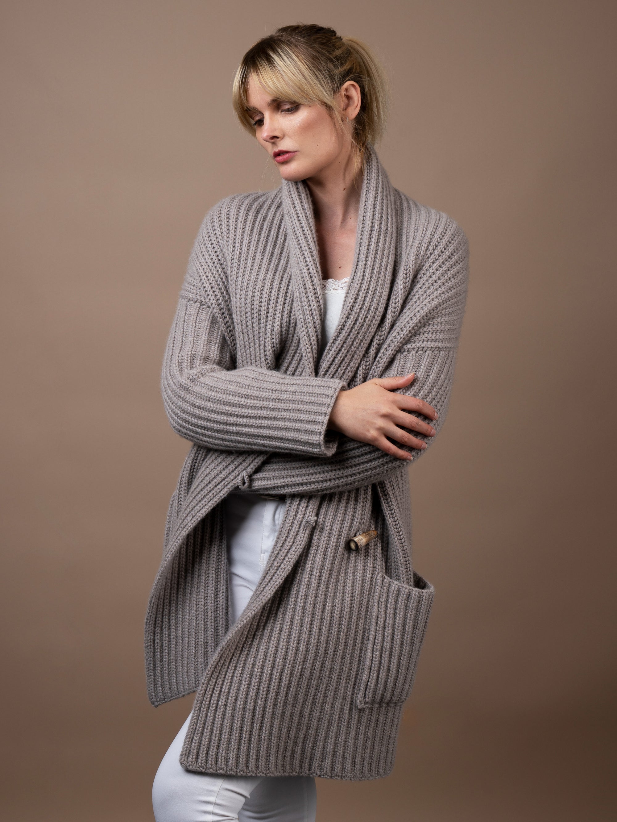 Ladies Cashmere Shawl Cardigan Wrap Jumper in mushroom. 100% cashmere handmade under the Royal Warrant in the UK. This is Cashmere at it's finest. 